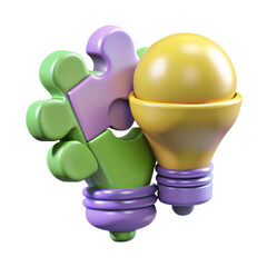 Poster - Puzzle solving and creative ideas concept with lightbulb and jigsaw pieces illustration render design