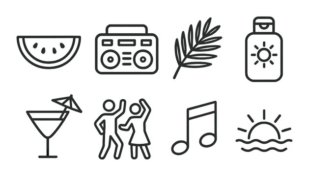 Summer party icons set – line style, beach and celebration themed graphics
