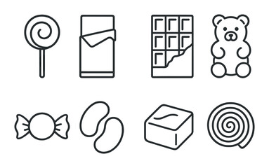 Sweet candy icons set – line, confectionery and dessert symbols for design