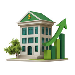 Poster - financial growth symbolized by bank building and upward arrow graph isolated on transparent backgrou