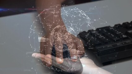 Aufkleber - Hand clicking mouse initiating digital assistance, showing code streams and spinning network globe