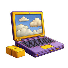 Poster - Retro purple laptop displaying fluffy clouds with yellow blocks isolated on transparent background