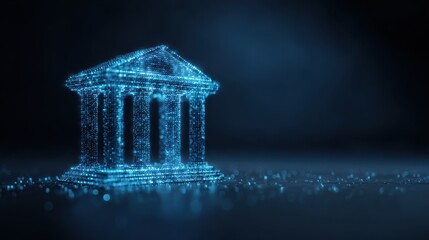Poster - Glowing blue digital bank icon on blue backdrop with mock up place. Online banking and transaction concept. 3D Rendering, no logos, no brands