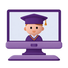 Poster - Cartoon graduate student in academic regalia displayed on a computer screen isolated on transparent background