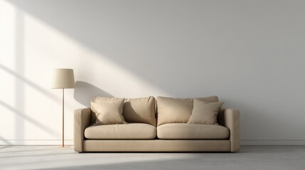 Poster - Beige sofa against white, empty wall with copy space in simple living room interior with lamp, no logos, no brands