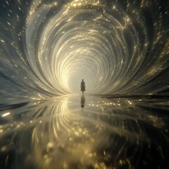 Wall Mural - POV shot of traveling through a mystical tunnel of light and energy, surreal and spiritual atmosphere, glowing sacred geometry on the tunnel walls, soft motion blur suggesting movement.