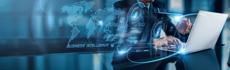 Poster - A businessman uses his laptop to analyze Business Intelligence data, observing market share growth on the global network, strategizing for expansion and identifying new opportunities.