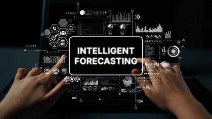 Poster - Hands Interacting with Digital Display of Intelligent Forecasting Data and Graphs on Laptop Screen. Asymptotic smart data analytic.