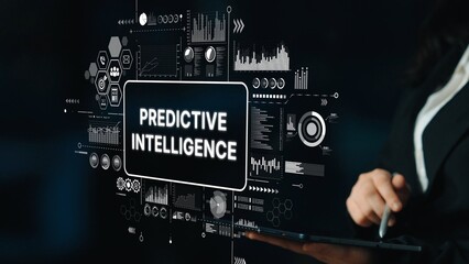 Poster - Business Professional Analyzing Predictive Intelligence Data with Charts and Graphs in a Dark Office Environment. Asymptotic smart data analytic.