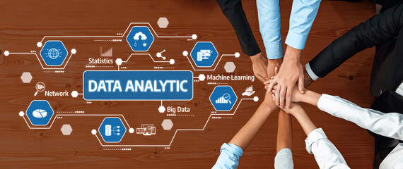 Poster - A collaborative team focuses on data analytics concepts, showcasing hands over infographics that illustrate key aspects of statistics, machine learning, and big data analysis. Amity