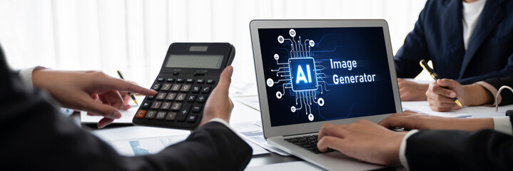 Poster - Business intelligence and data analysis concept. Analyst team working on financial data analysis dashboard on laptop screen as marketing indication for effective business strategic planning. Insight