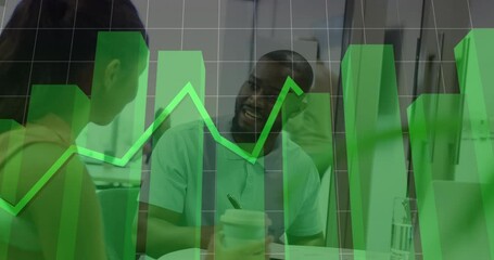 Poster - Woman placing coffee cup and sparking bar chart overlay while coworkers discussing business results