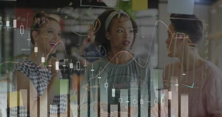 Poster - Team of three viewing glass wall with animated chart fading in, annotating data guiding strategy