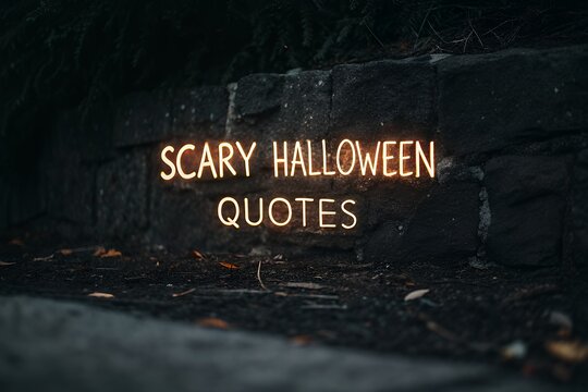 Glowing orange neon sign spelling out scary halloween quotes is mounted on a dark textured stone wall in a spooky atmospheric outdoor setting