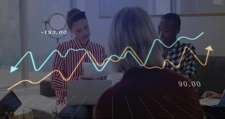 Poster - Coworker turning to project lead, activating animated chart lines for business report review