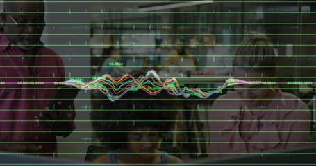 Poster - Man entering with phone showing it to designers in retail office, waveform overlay pulsing teamwork