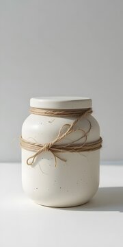 Off White Ceramic Jar Wrapped with Twine on White Background