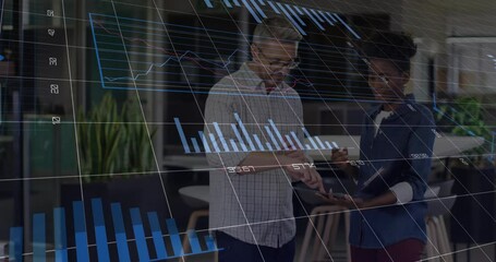 Poster - Man gesturing, woman tapping tablet in office, animating bars into pie charts for business insight