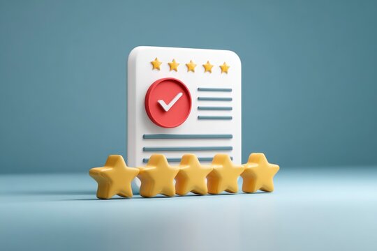 3D rendering of a customer review 5 gold stars a confirmation mark on a checklist