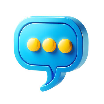 3d blue speech bubble with three yellow dots representing typing or thinking isolated on transparent background