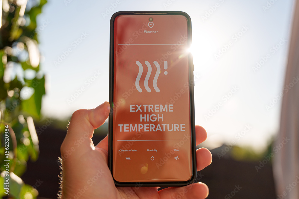 Phone Temperature Alert Smartphone screen showing extreme high temperature warning alert, hand ...