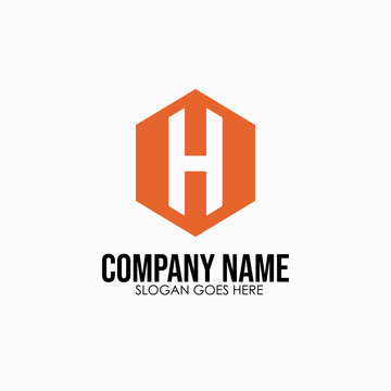 Angular orange hexagon with negative space forming the letter H, bold and modern