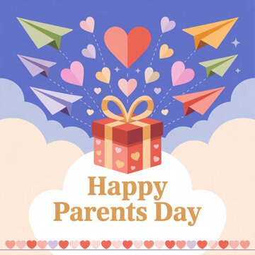 Happy Parents Day postcard with paper flying elements and gift box on blue sky background. Vector symbols of love in shape of heart for greeting card design
