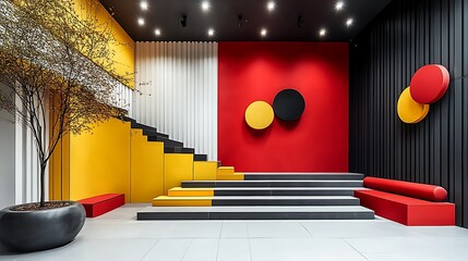 Leinwandbilder - Modern interior design with staircase and abstract geometric wall art featuring bold yellow red and black color palette