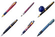 © Neyro_jm_st - Set of ballpoint pen, brush pen, fountain pen, retractable click pen, fountain pen with inkwell, and felt tip pen in anime style, isolated on transparent background
