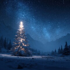 Wall Mural - Fantastic winter landscape with christmas tree. 3D rendering. Christmas background with christmas tree, snow and stars. Beautiful christmas night.