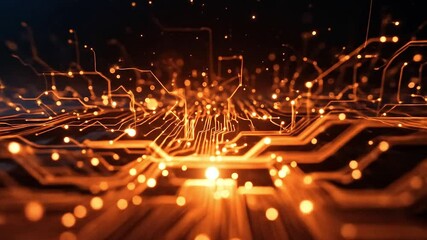 Abstract glowing circuit board lines forming complex digital pathways on black background