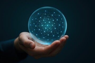 Fototapete - Futuristic Connection: A human hand cradles a glowing orb of interconnected digital nodes, symbolizing the power of technology, innovation, and global networks.