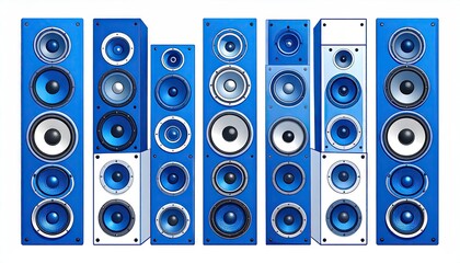 Array Of Blue And White Audio Speakers In Various Sizes Against White Background