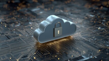 Poster - A digital illustration of a cloud symbol with a padlock, representing cloud security and data protection in a tech-oriented background.