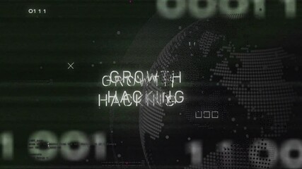 Poster - Fading in growth hacking text, glitching circuit surging globe spinning for data visualization