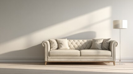 Poster - Beige sofa against white, empty wall with copy space in simple living room interior with lamp, no logos, no brands