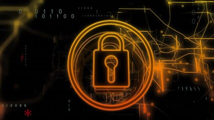 Poster - Padlock outline appearing with pulsing rings converging lines streaming code securing data flow