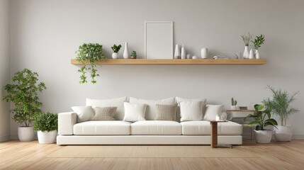 Poster - Modern minimalist living room with blank canvas, plants, and floating shelf.
