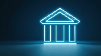 Poster - Glowing blue digital bank icon on blue backdrop with mock up place. Online banking and transaction concept. 3D Rendering, no logos, no brands