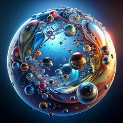 Poster - A colorful sphere showcases a dynamic mix of blue and red hues with floating metallic orbs
