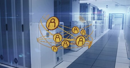 Poster - Holographic network appearing in server corridor, rotating and expanding, showing user connections