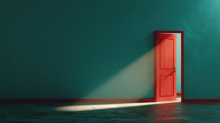 Poster - An open red door allows light to flood into a teal room, offering ample copy space.