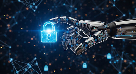 AI Security: Robotic Hand Protecting Digital Data

