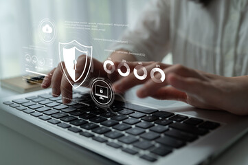 Poster - cyber security protects against breaches, hacks, and network attacks using strong infrastructure and