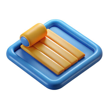 Stylized 3d rendering of a rolled up yoga mat on a blue tray isolated on transparent background