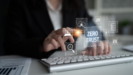 Poster - Zero trust model enhances data protection. Zero trust blocks unauthorized access, secures devices, zero trust defends networks, and zero trust verifies users continuously. Latch