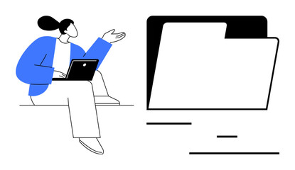 Poster - Woman sitting with laptop, gesturing toward large folder symbol. Ideal for teamwork, data management, digital organization, cloud storage, remote work, office tasks, simple landing page