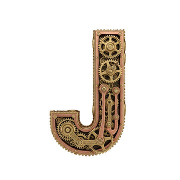 Steampunk Style Letter J Metallic Gear Alphabet on Transparent Background