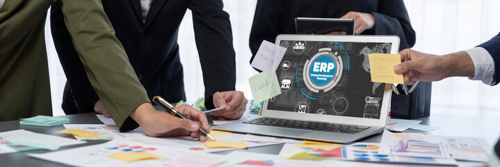 Poster - Analyst team use sticky note for creative and analytic brainstorm for business idea with BI data dashboard on laptop screen. Analysis financial data visualization tech for marketing strategy. Prodigy