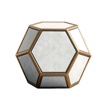 Modern geometric dodecahedron object with white hexagonal panels and gold trim isolated on transparent background